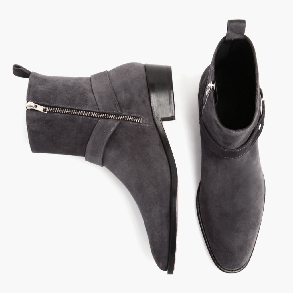 Harness Grey Suede Leather Boots - Reinforced Heel Counter & Precision Double-Row Stitching Detail