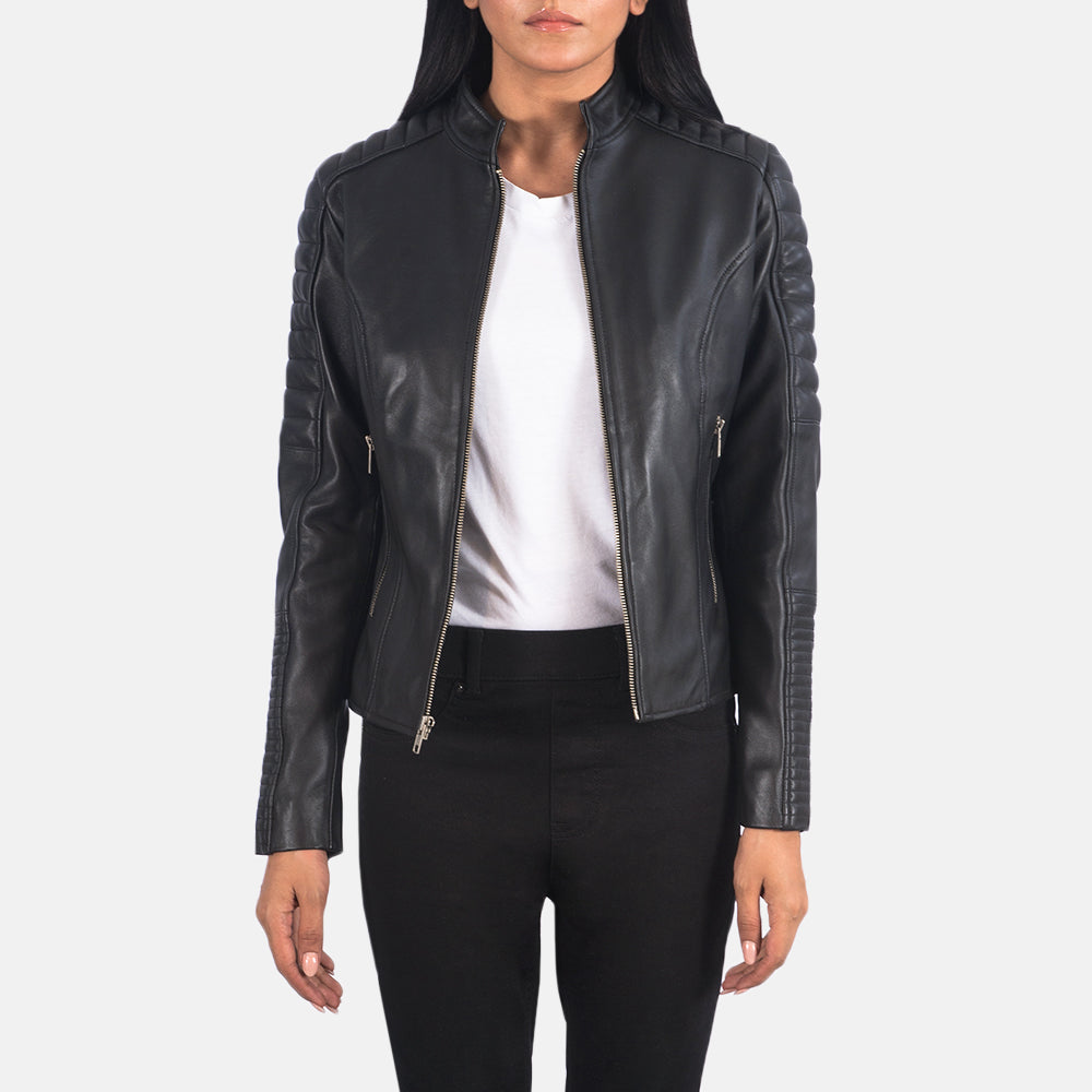 Women's Adalyn Quilted Black Leather Biker Jacket in Black Sheepskin Leather - Front Profile View &amp; Tailored Silhouette | Buy Online