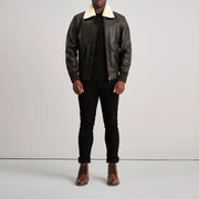 
Airin G-1 Brown & Cream Leather Bomber Jacket - Lateral Side Profile View Showing Sleeve Cut & Athletic Taper Fit