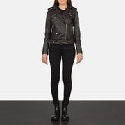 
Women's Alison Brown Leather Biker Jacket - Lateral Side Profile View Showing Sleeve Cut & Athletic Taper Fit