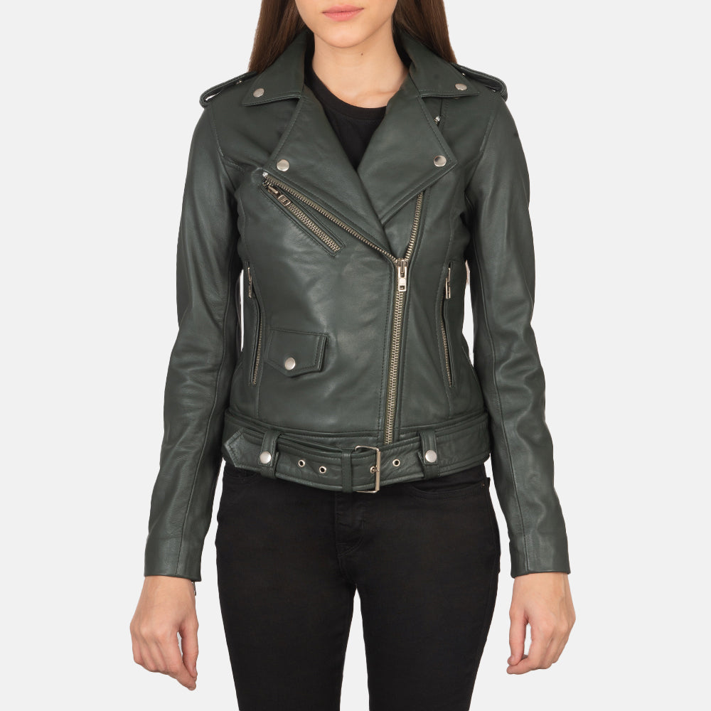 Close-Up Detail of Notch & Zipper Hardware on Women's Alison Green Leather Biker Jacket