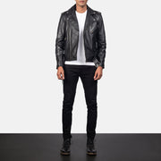 
Men's Allaric Alley Black Leather Biker Jacket - Lateral Side Profile View Showing Sleeve Cut & Athletic Taper Fit