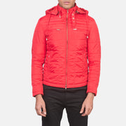 
Close-Up Detail of High neck with Belt & Zipper Hardware on Men's Alps Quilted Red Windbreaker Jacket
