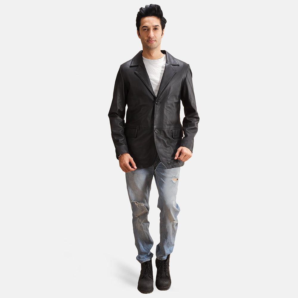 
Alyson Black Leather Blazer - Lateral Side Profile View Showing Sleeve Cut & Athletic Taper Fit