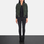 
Women's Bliss Green Suede Bomber Jacket - Lateral Side Profile View Showing Sleeve Cut & Athletic Taper Fit