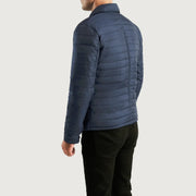 Close-Up Detail of High neck &amp; Button Hardware on Men's Bo Quilt Windbreaker Jacket