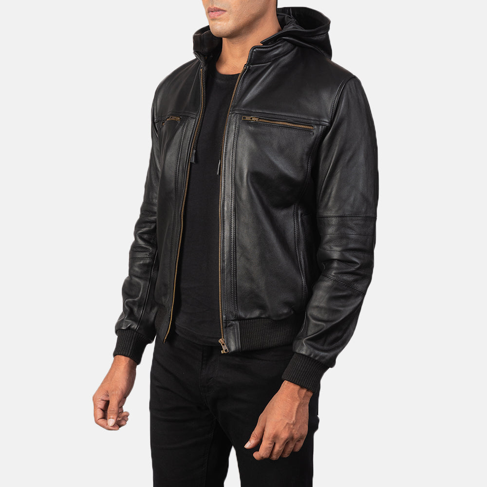 
Black Cowhide Leather Bomber Jacket - Back View Showing Tailored Shoulder Fit & Clean Hemline