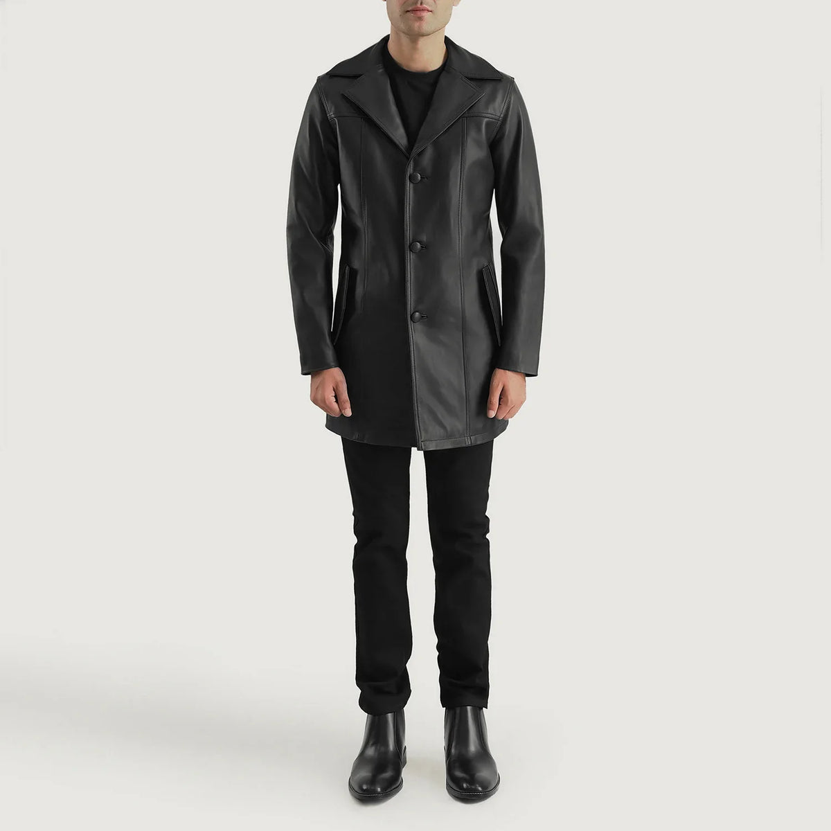 
Brawnton Black Leather Coat - Lateral Side Profile View Showing Sleeve Cut & Athletic Taper Fit