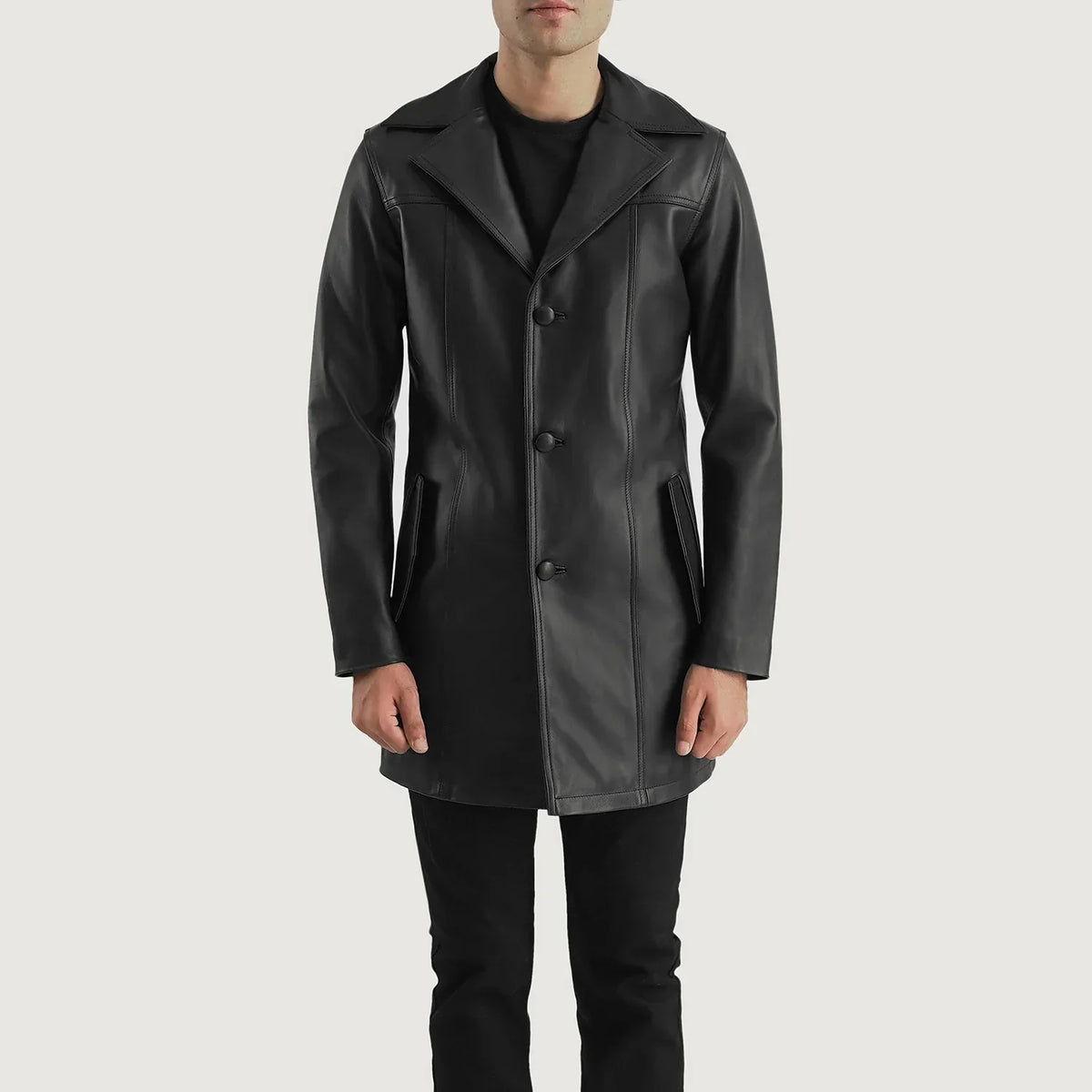 
Close-Up Detail of Notch & Button Hardware on Brawnton Black Leather Coat