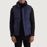 
Bryan Blue Puffer Vest in Blue Full-Grain Leather - Front Profile View & Tailored Silhouette | Buy Online
