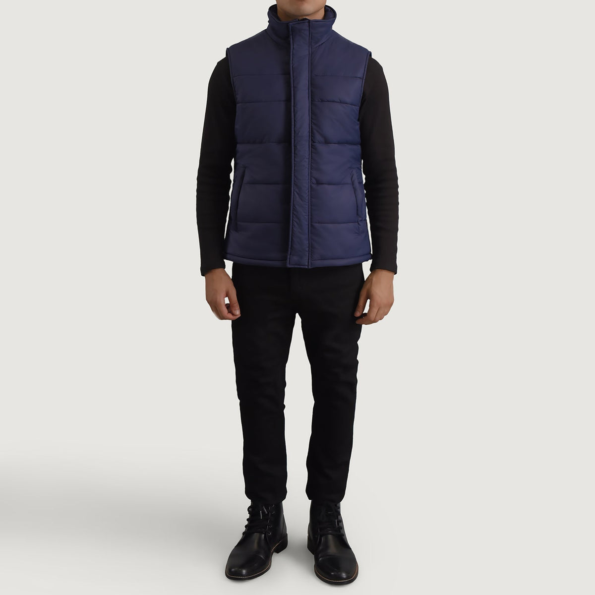 
Bryan Blue Puffer Vest - Lateral Side Profile View Showing Sleeve Cut & Athletic Taper Fit