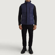 
Bryan Blue Puffer Vest - Lateral Side Profile View Showing Sleeve Cut & Athletic Taper Fit