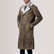 Cai Distressed Brown Leather Shearling Coat For Men - Lateral Side Profile View Showing Sleeve Cut &amp; Athletic Taper Fit