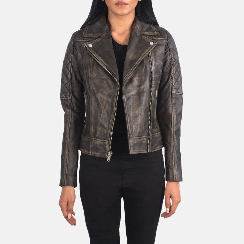 Carolyn Quilted Distressed Brown Leather Biker Jacket