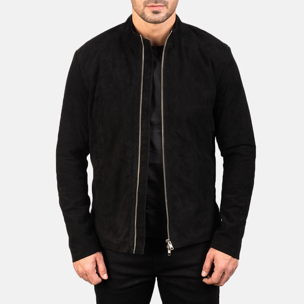 
Men's Charcoal Black Suede Biker Jacket in Black Goatskin Suede - Front Profile View & Tailored Silhouette | Buy Online