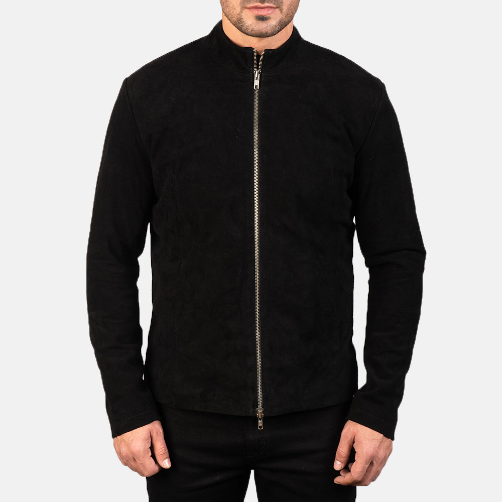 
Close-Up Detail of Mandarin & Zipper with Dual Puller Hardware on Men's Charcoal Black Suede Biker Jacket