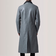 Close-Up Detail of Notch &amp; Button Hardware on Charlton Grey Leather Single Breasted Coat For Men