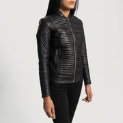 Black Sheepskin Leather Biker Jacket - Back View Showing Tailored Shoulder Fit &amp; Clean Hemline