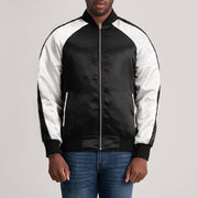 
Clarke Black Varsity Jacket in Black & White Satin - Front Profile View & Tailored Silhouette | Buy Online
