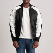 
Clarke Black Varsity Jacket - Lateral Side Profile View Showing Sleeve Cut & Athletic Taper Fit