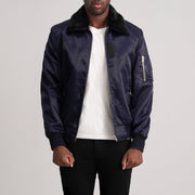 Clyde B-15 Blue Bomber Jacket - Lateral Side Profile View Showing Sleeve Cut &amp; Athletic Taper Fit