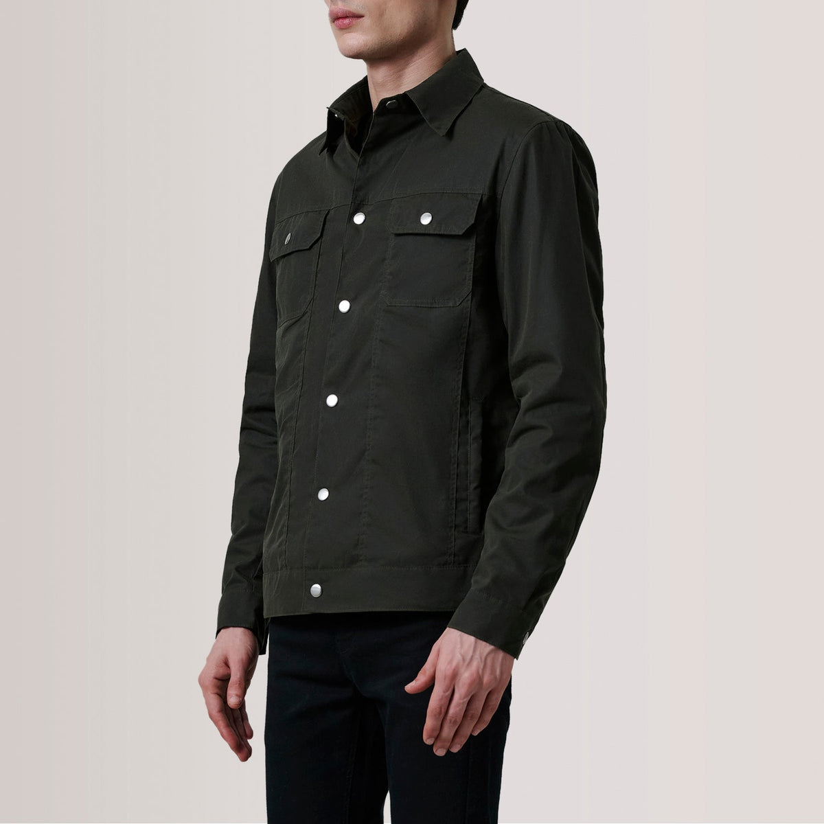
Colberto Olive Waxed Canvas Trucker Jacket For Men - Lateral Side Profile View Showing Sleeve Cut & Athletic Taper Fit