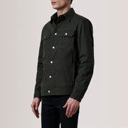 
Colberto Olive Waxed Canvas Trucker Jacket For Men - Lateral Side Profile View Showing Sleeve Cut & Athletic Taper Fit