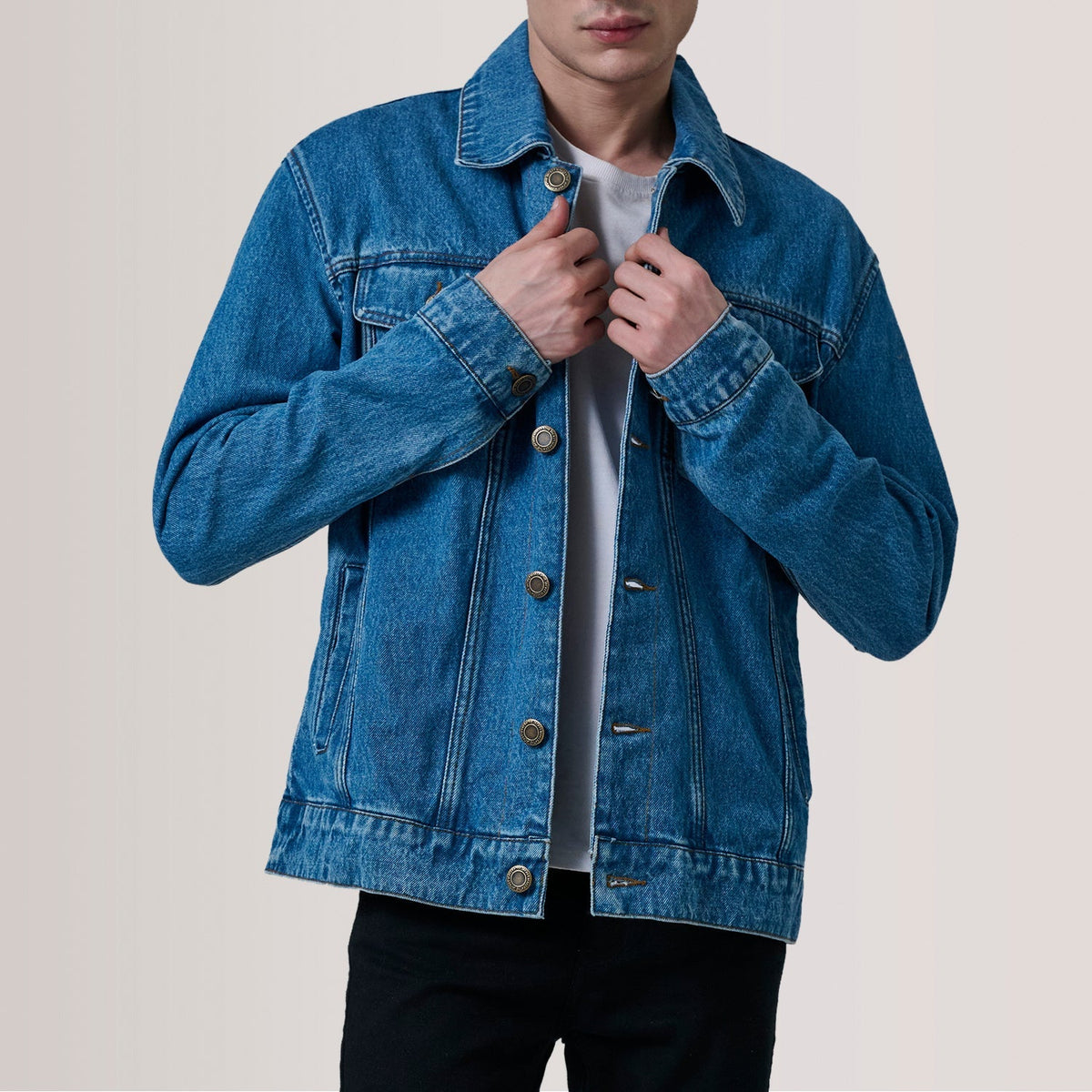 Conard Blue Denim Trucker Jacket For Men in Blue Full-Grain Leather - Front Profile View &amp; Tailored Silhouette | Buy Online