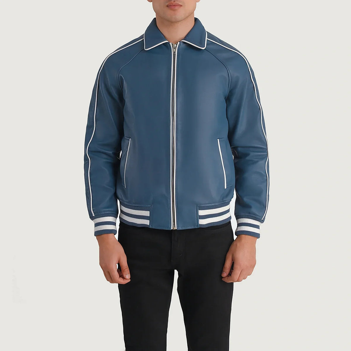 Close-Up Detail of Shirt collar &amp; Zipper Hardware on Cooper Blue Leather Varsity Jacket