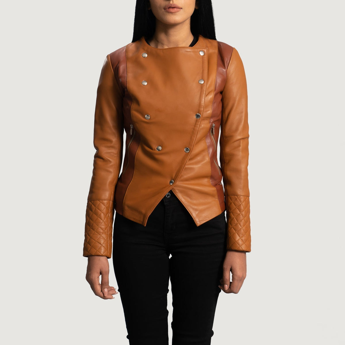 
Women's County Tan Overlap Leather Jacket in Tan Brown Sheepskin Leather - Front Profile View & Tailored Silhouette | Buy Online