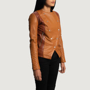
Tan Brown Sheepskin Leather Biker Jacket - Back View Showing Tailored Shoulder Fit & Clean Hemline