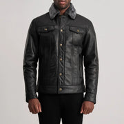 
Close-Up Detail of Classic Collar & Button Hardware on Dallis Black Leather Shearling Trucker Jacket