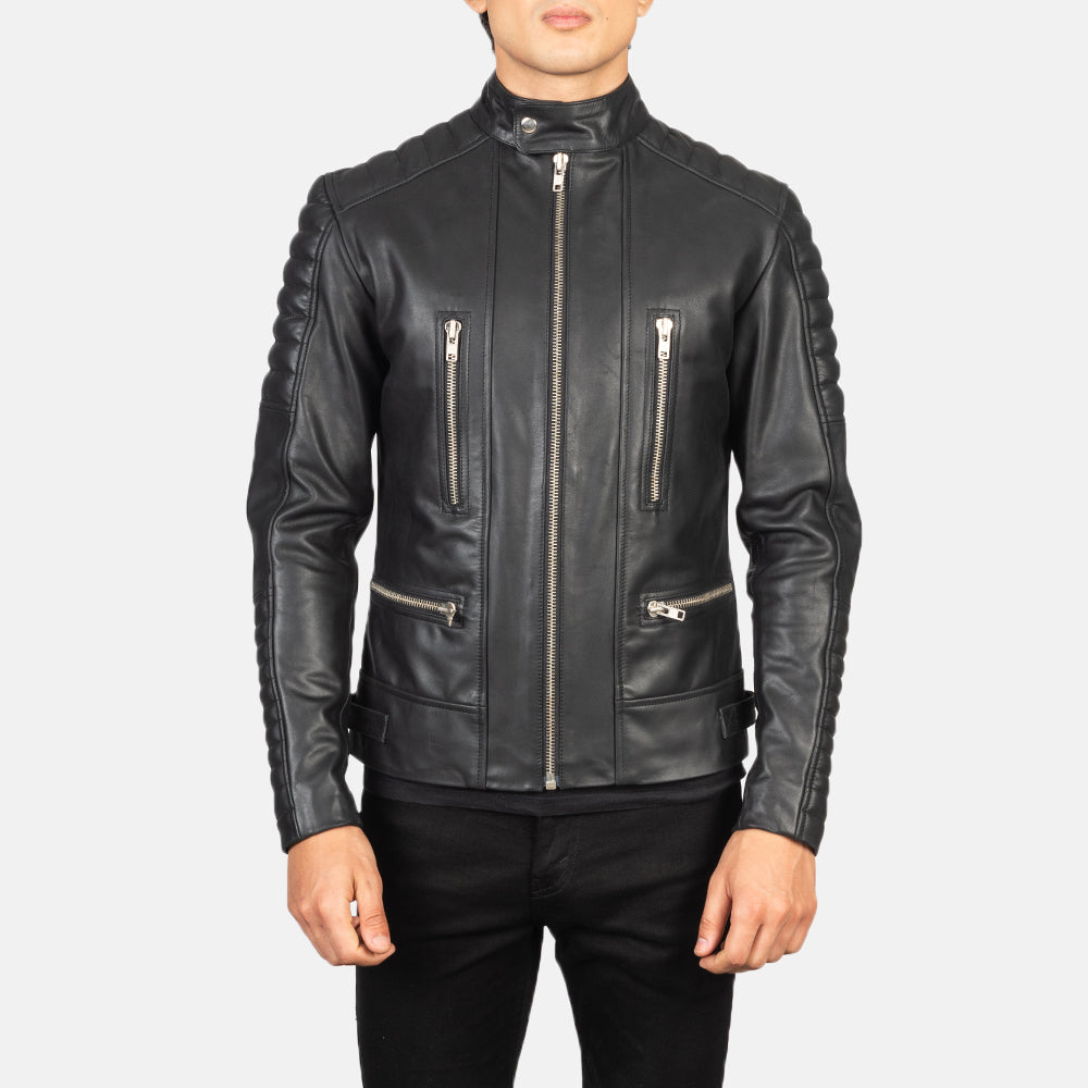 
Close-Up Detail of Band with Snap Button & Zipper Hardware on Men's Damian Grey Suede Biker Jacket
