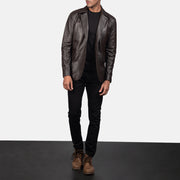 
Daron Brown Leather Blazer - Lateral Side Profile View Showing Sleeve Cut & Athletic Taper Fit