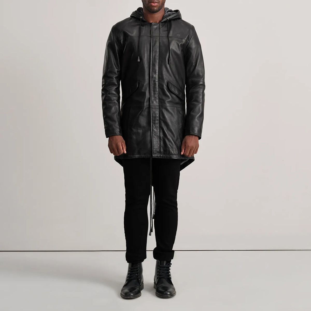 
Delvin Tan Leather Parka - Lateral Side Profile View Showing Sleeve Cut & Athletic Taper Fit