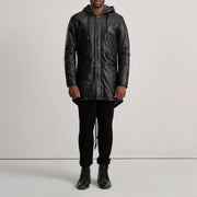
Delvin Tan Leather Parka - Lateral Side Profile View Showing Sleeve Cut & Athletic Taper Fit