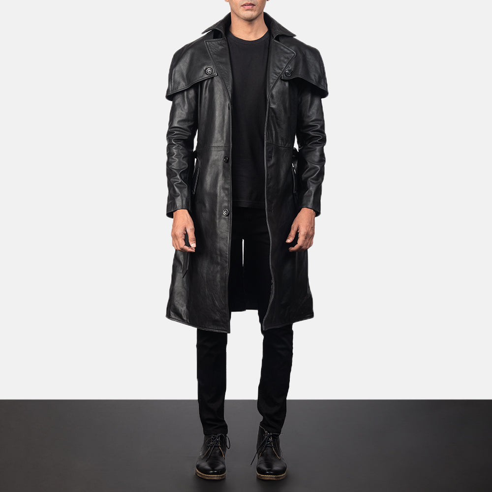 
Men's Deux Black Leather Duster in Black Cowhide Leather - Front Profile View & Tailored Silhouette | Buy Online
