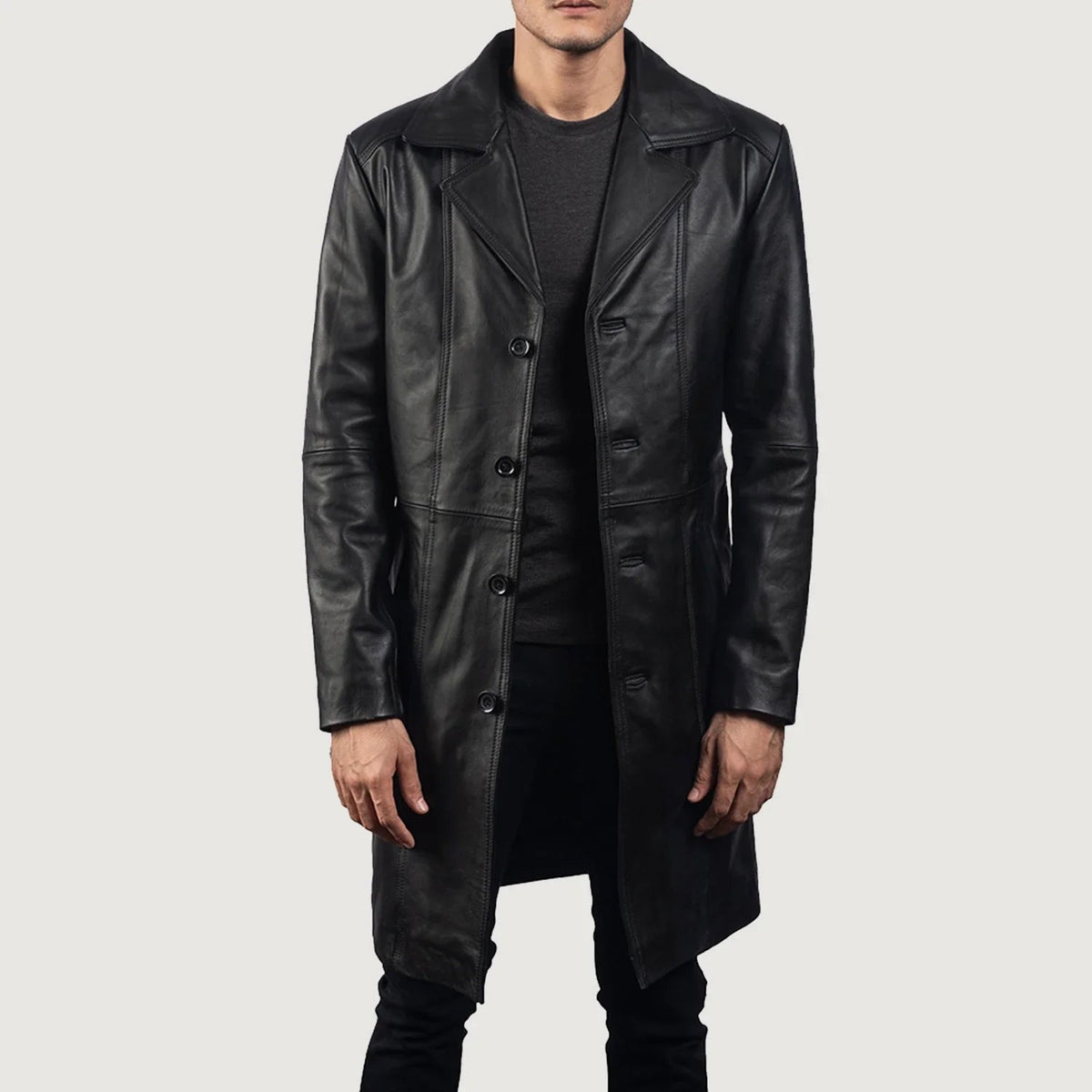 
Men's Don Long Black Leather Coat in Black Cowhide Leather - Front Profile View & Tailored Silhouette | Buy Online