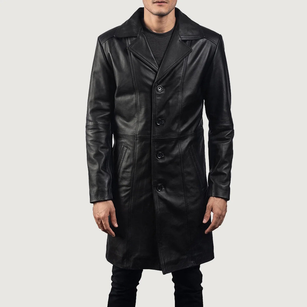 
Men's Don Long Black Leather Coat - Lateral Side Profile View Showing Sleeve Cut & Athletic Taper Fit