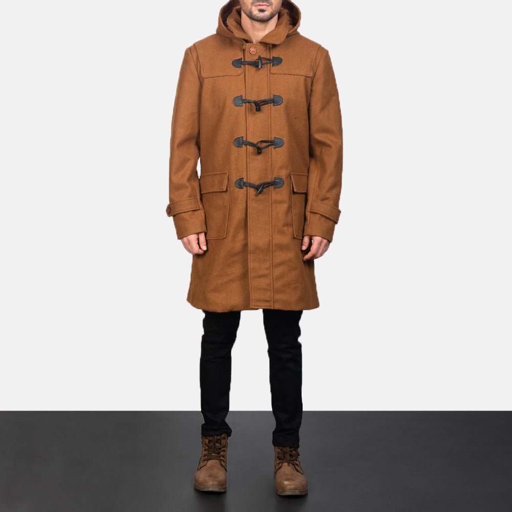 Close-Up Detail of Shirt with Removable Hood &amp; Toggle Buttons with Placket &amp; Zipper Hardware on Men's Drake Khaki Wool Duffle Coat