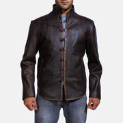 Men's Drakeshire Brown Leather Jacket in Distressed Brown Goatskin Leather - Front Profile View &amp; Tailored Silhouette | Buy Online