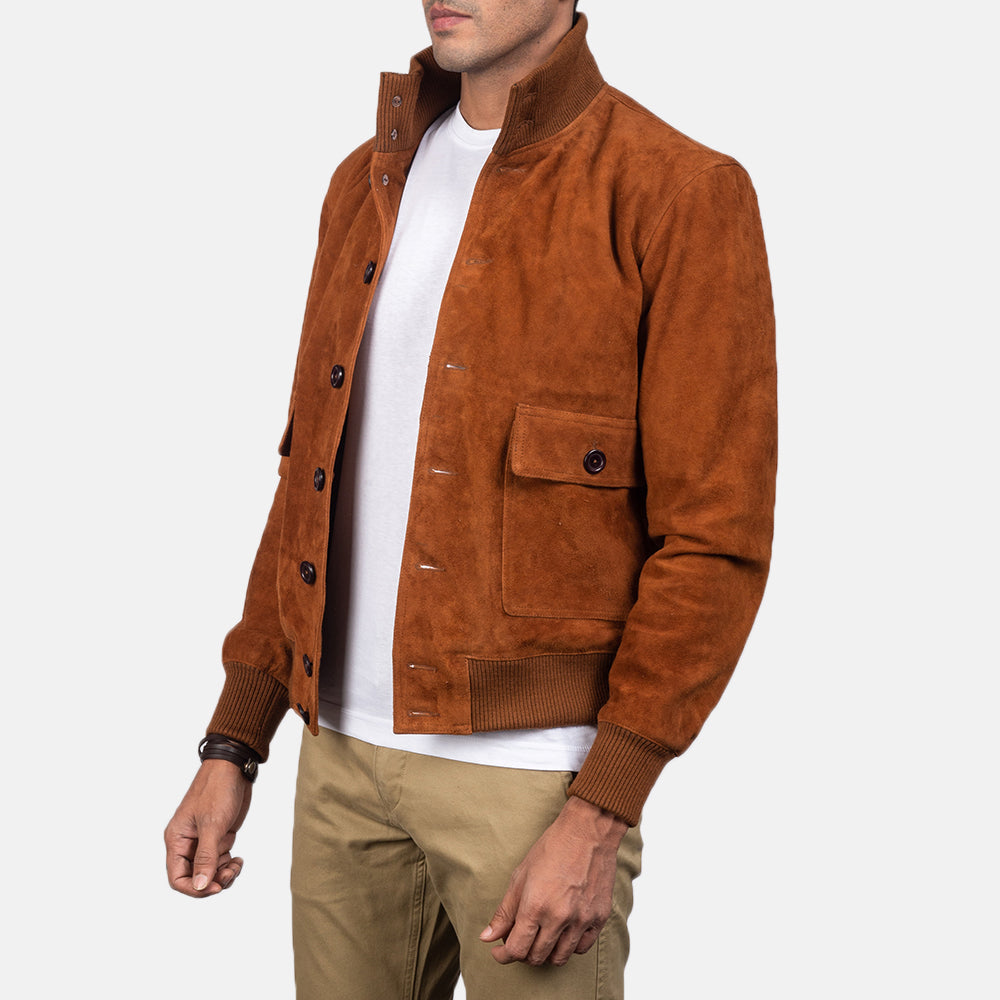 
Styled Fit Perspective of Men's Eaton Brown Suede Bomber Jacket on Model - Natural Daylight Drape
