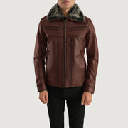 Men's Evan Hart Fur Brown Leather Jacket in Distressed Brown Sheepskin Burnishing - Front Profile View &amp; Tailored Silhouette | Buy Online