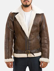 Men's Forest Double Face Shearling Jacket in Distressed Brown Sheepskin Leather - Front Profile View &amp; Tailored Silhouette | Buy Online