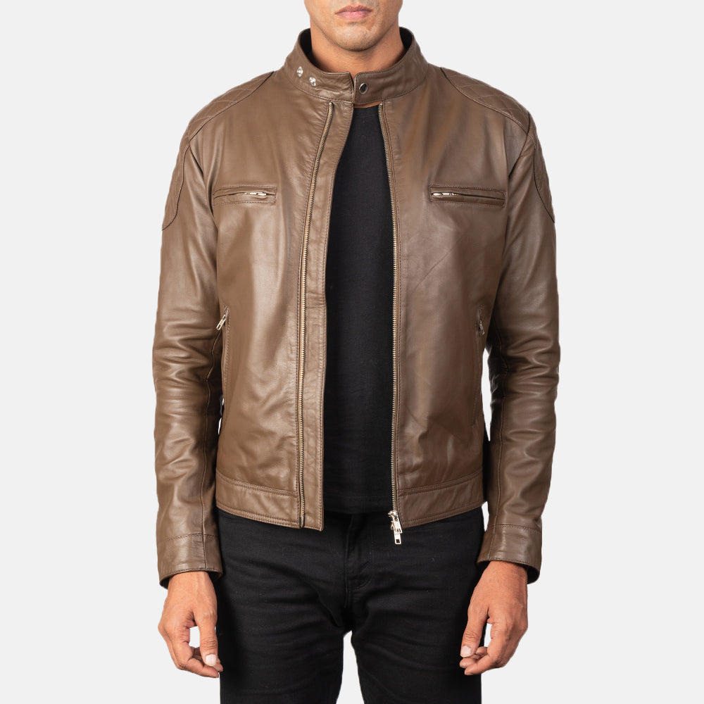 Gatsby Mocha Leather Biker Jacket in Dark Brown Sheepskin Leather - Front Profile View &amp; Tailored Silhouette | Buy Online