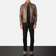 Gatsby Mocha Leather Biker Jacket - Lateral Side Profile View Showing Sleeve Cut &amp; Athletic Taper Fit
