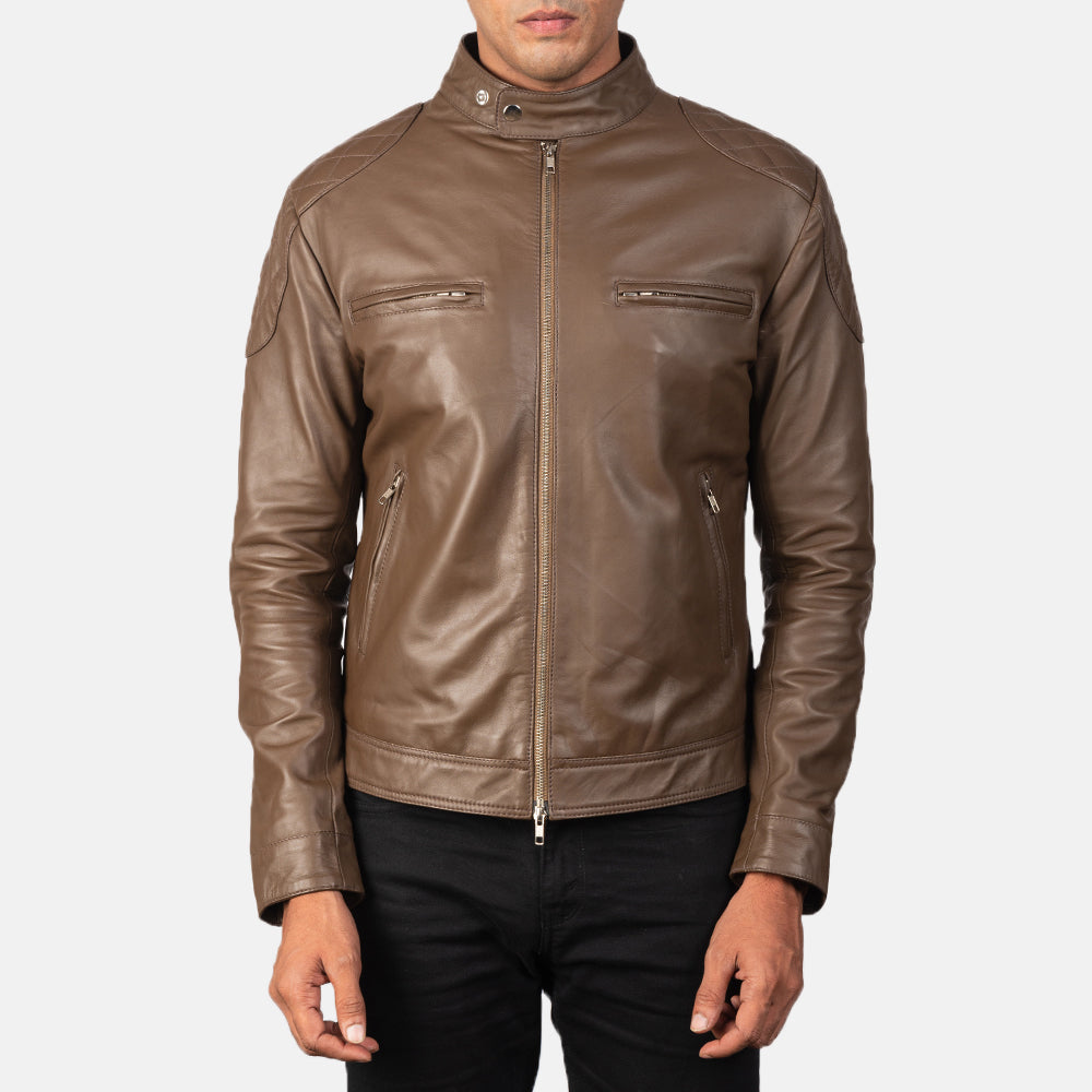 Close-Up Detail of Band with snap buttons &amp; Zipper Hardware on Gatsby Mocha Leather Biker Jacket