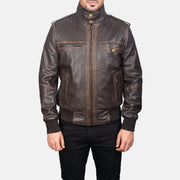 Close-Up Detail of High neck &amp; Zipper Hardware on Men's Street Brown Leather Bomber Jacket