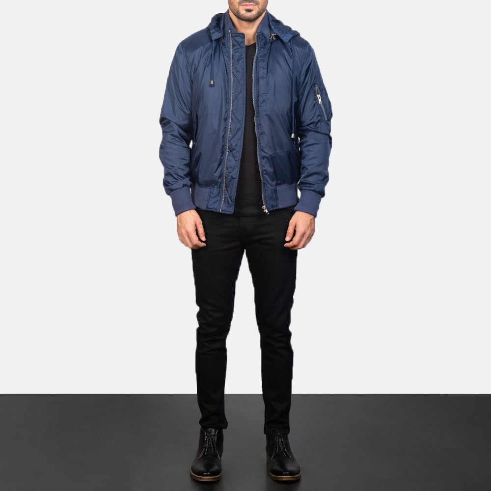 
Men's Blue Hooded Bomber Jacket - Lateral Side Profile View Showing Sleeve Cut & Athletic Taper Fit