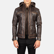 
Men's Hector Vintage Brown Hooded Leather Biker Jacket in Vintage Brown Goatskin Leather - Front Profile View & Tailored Silhouette | Buy Online